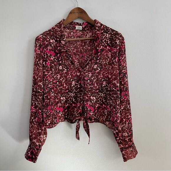 Wilfred | Aritzia Tie Front Blouse Button Down Cropped Pink Fuchsia Brown Top M - Picture 1 of 9